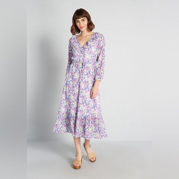 NWT ModCloth Ruffling For Flowers V-Neck Ditzy Floral Print Midi Dress Size 2 - Picture 1 of 10